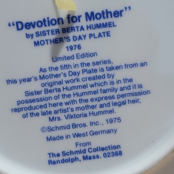Schmid Hummel Mothers Day 1976 Devotion for Mother Decorative Wall Hanging Plate - Picture 5 of 11
